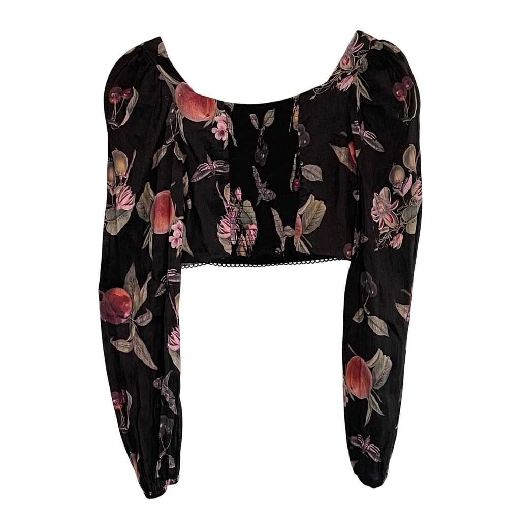 AllSaints Ria Soleil Top Black Garden Floral Linen Silk Crop Blouse US 6 UK 10 - Picture 2 of 9